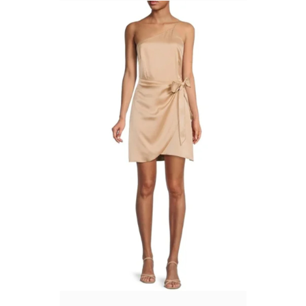 Gianni Bini One Shoulder Beige Spaghetti Strap Tie Waist Wrap Dress Sz 10 - Picture 1 of 8
